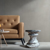 Midnight Pillar Travertine Stone Finish Italian Design MGO Side Accent Table, size 16 in. x 16 in. x 18 in., Perfect for both indoor and outdoor spaces.